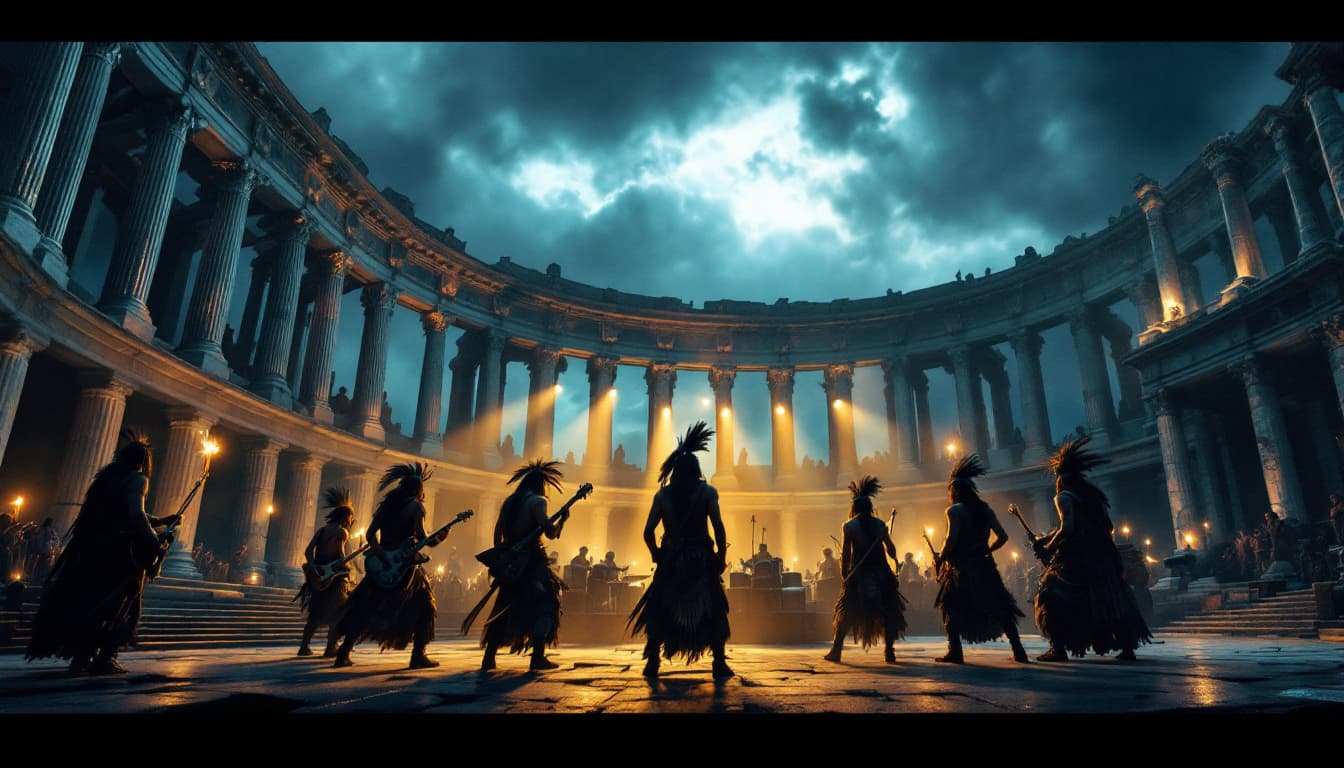 AI generated: Rock Concert in a Roman Classical Setting with Native American Aesthetics 🎸
A grand Roman amphithea...