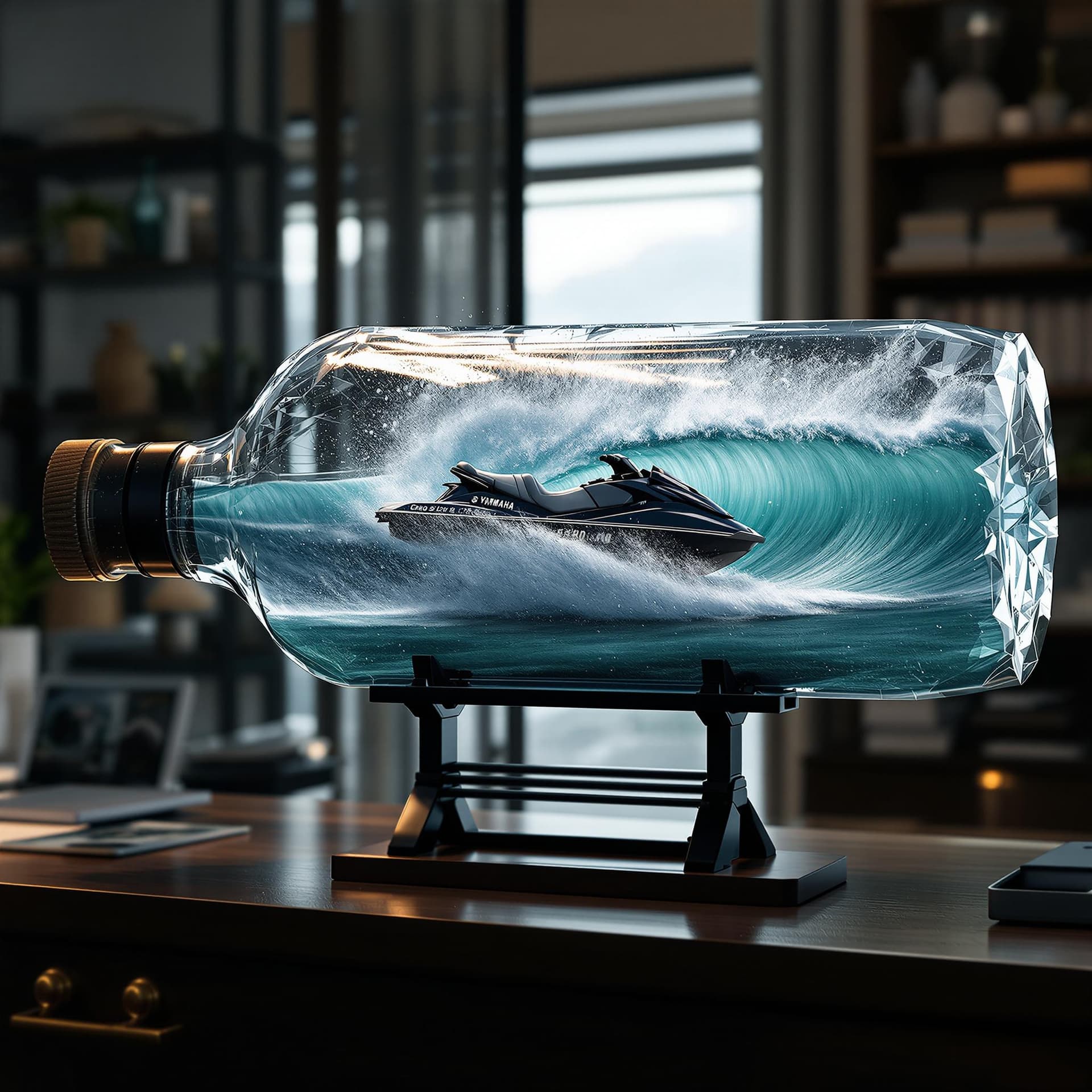 AI generated: A realistic ship in a bottle, featuring a black Yamaha 3 seat jet ski jumping a big wave ((Chaos)) w...