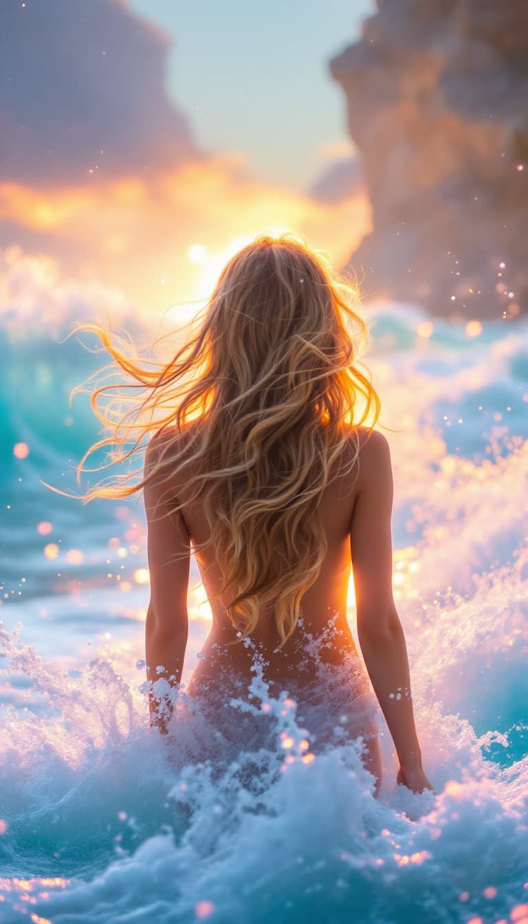 AI generated: Scene: The woman continues walking forward, her wavy hair still flowing.
Features: A backdrop of lig...