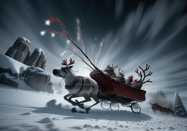 AI generated: Slow shutter speed Photography, angry birds, driving sleigh pulled by reindeer flying through the cl...