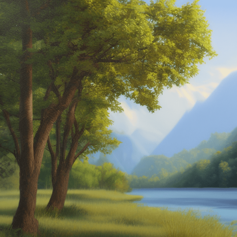 AI generated: photorealistic oil on canvas, 
trees by a river and hill,
beautiful setting, 
Foreground,
unreal eng...