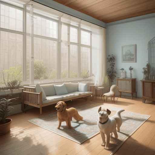 AI generated: dog play ball, wooden floor, small windows opening onto the garden, bauhaus furniture and decoration...