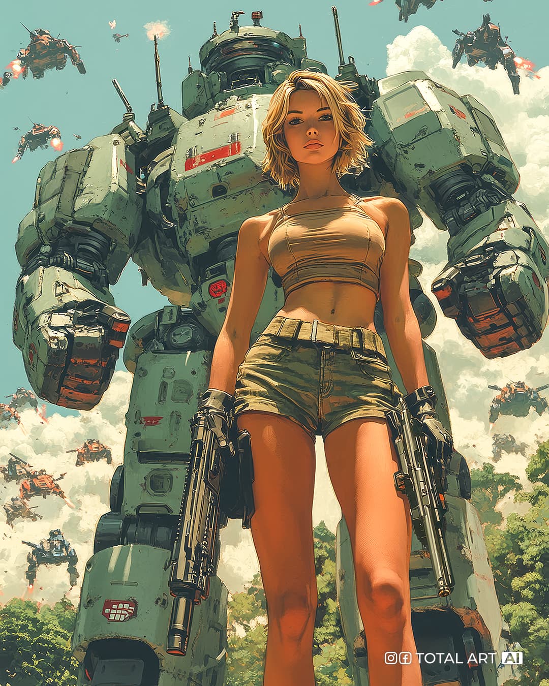 AI generated: In the style of Yoji Shinkawa, full body shot of a young beautiful European woman with gun and her l...