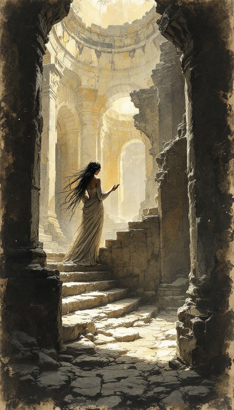 AI generated: Sketch Art, Bold Charcoal Lines, Dynamic Brushstrokes, Mesmerizing, Woman in a Ruin, Discovering Anc...