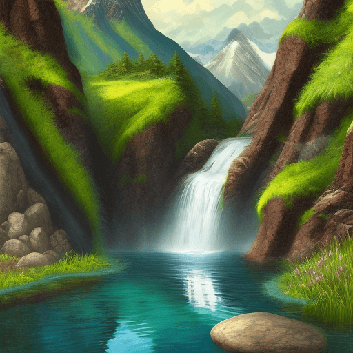 AI generated: High resolution art mountains, single waterfall, tiny pond, digital art