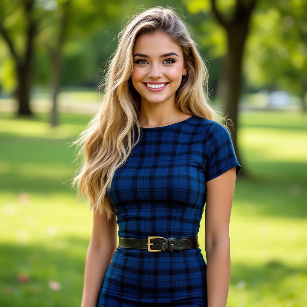 AI generated: 21 year-old female. Long blonde hair. Big smile. Wearing a blue plaid bodycon dress, belt. At the pa...