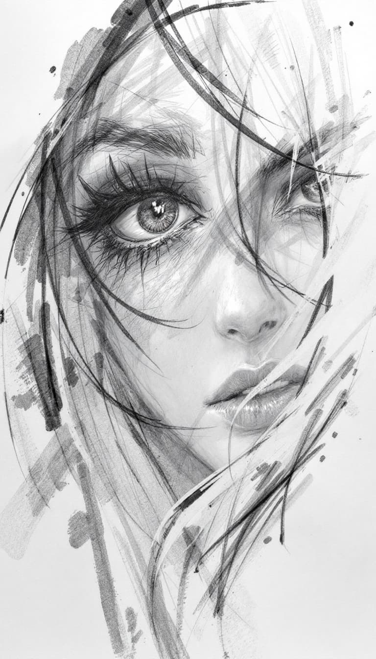 AI generated: Pencil style, drawing,sketch, girl with fierce charismatic gaze, b&w, smudges