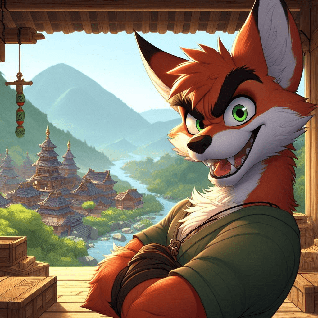 AI generated: Digital cartoon painting of a mischievous male anthropomorphic fox with an intense and playful face ...