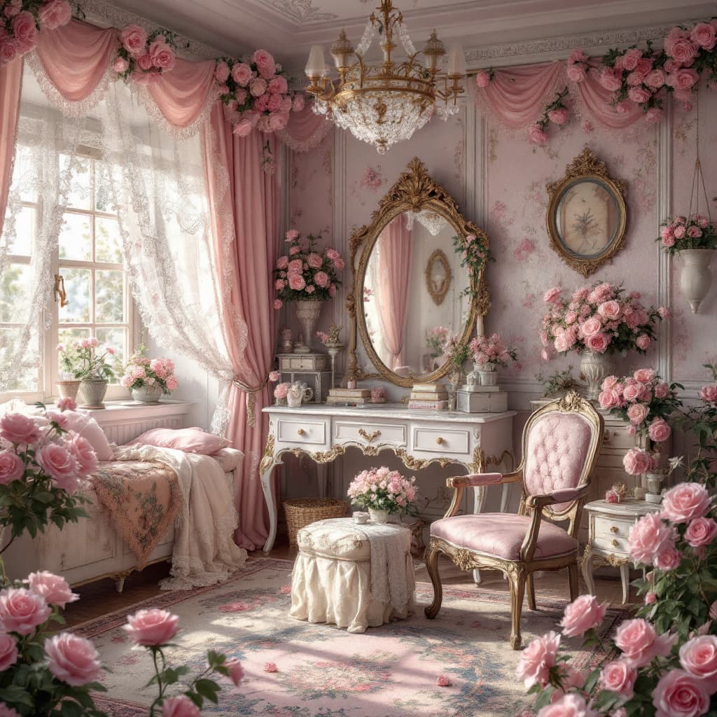 AI generated: A vintage-inspired dressing room adorned with pink roses, lace curtains, and antique furniture. Real...