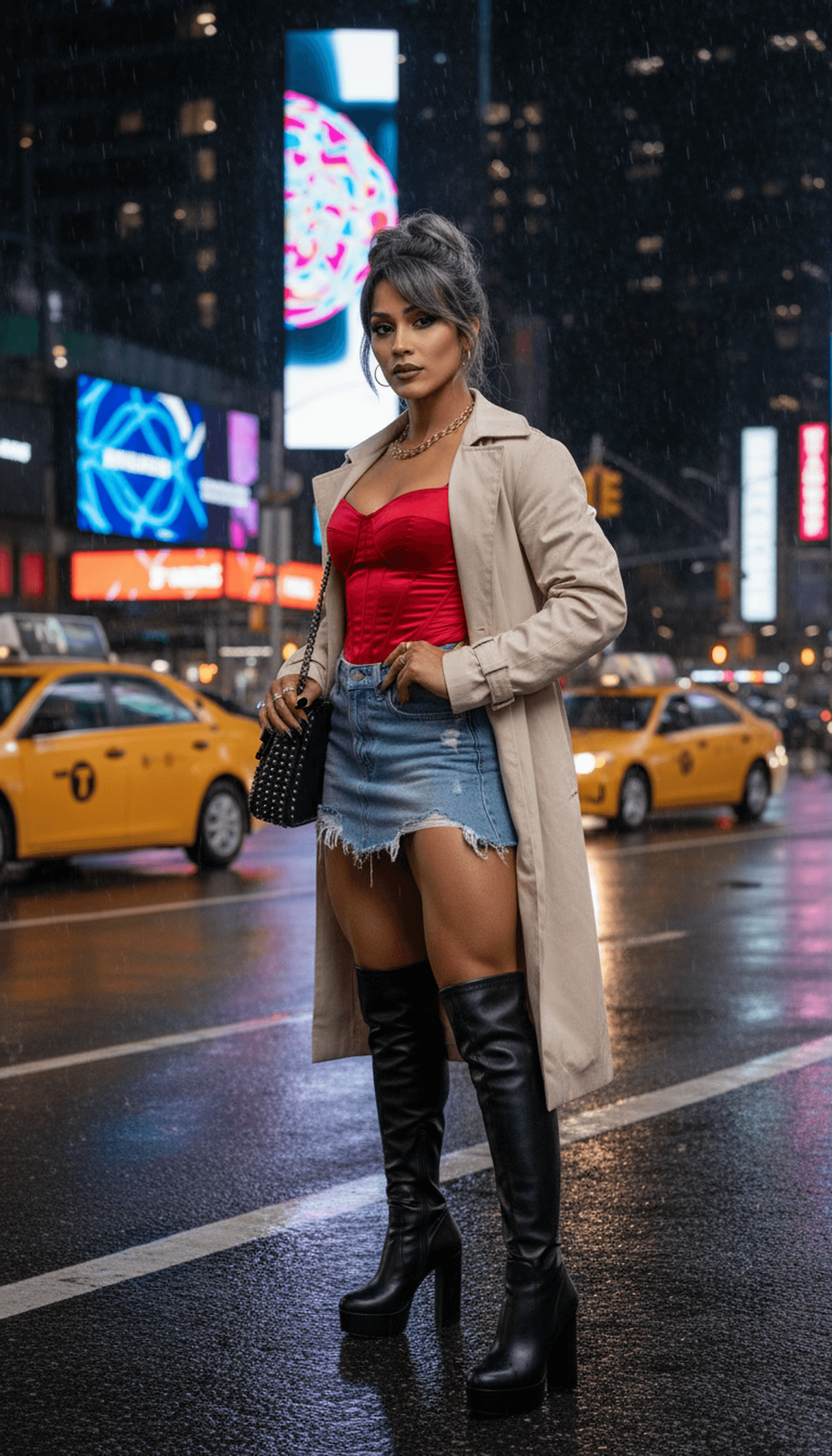 AI generated: A confident woman with dark hair tied in a bun and bangs, wearing a red satin bustier top, a beige t...