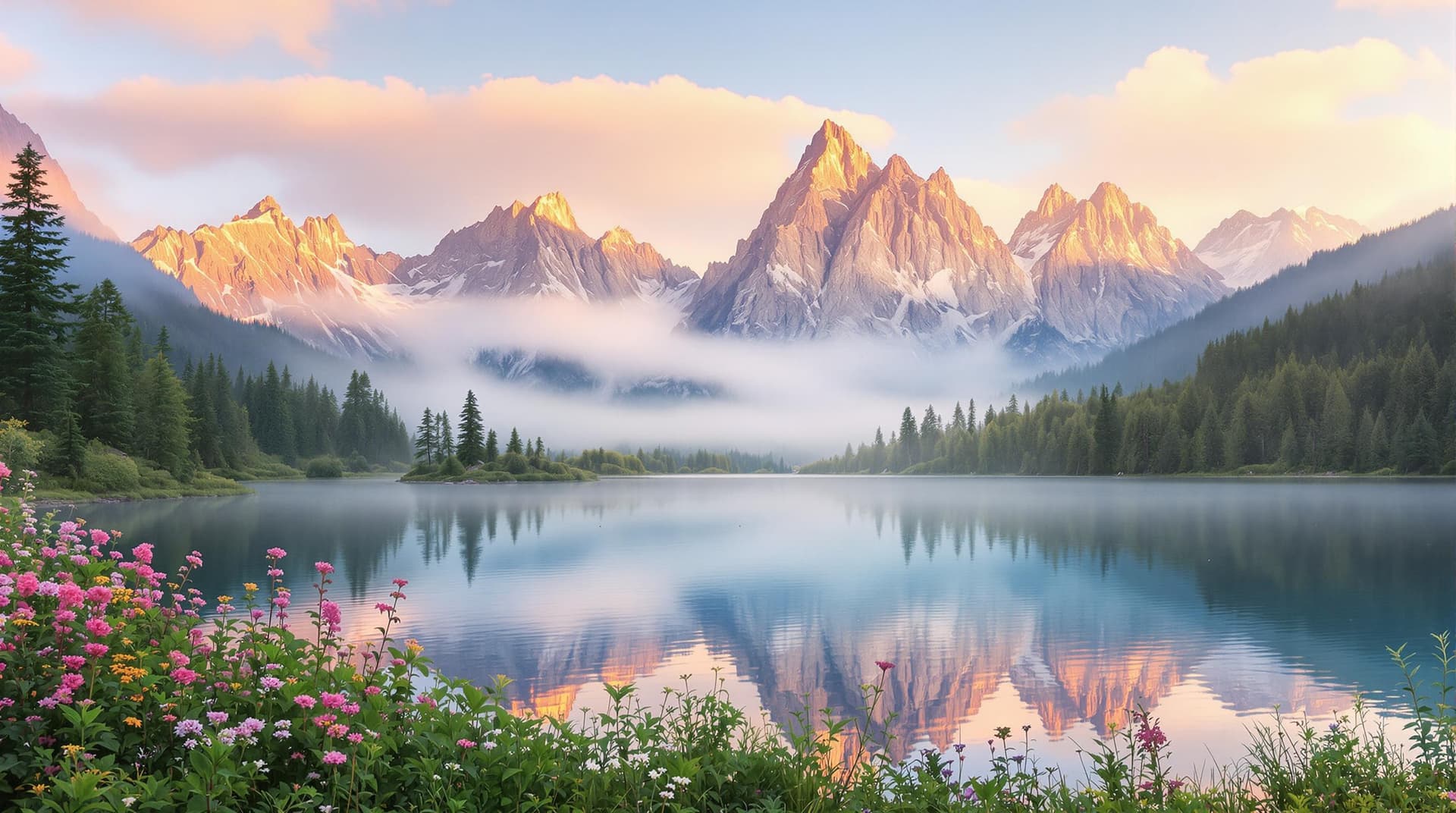 AI generated: "Ultra-realistic scene of misty mountain peaks at dawn, featuring a serene and breathtaking natural ...