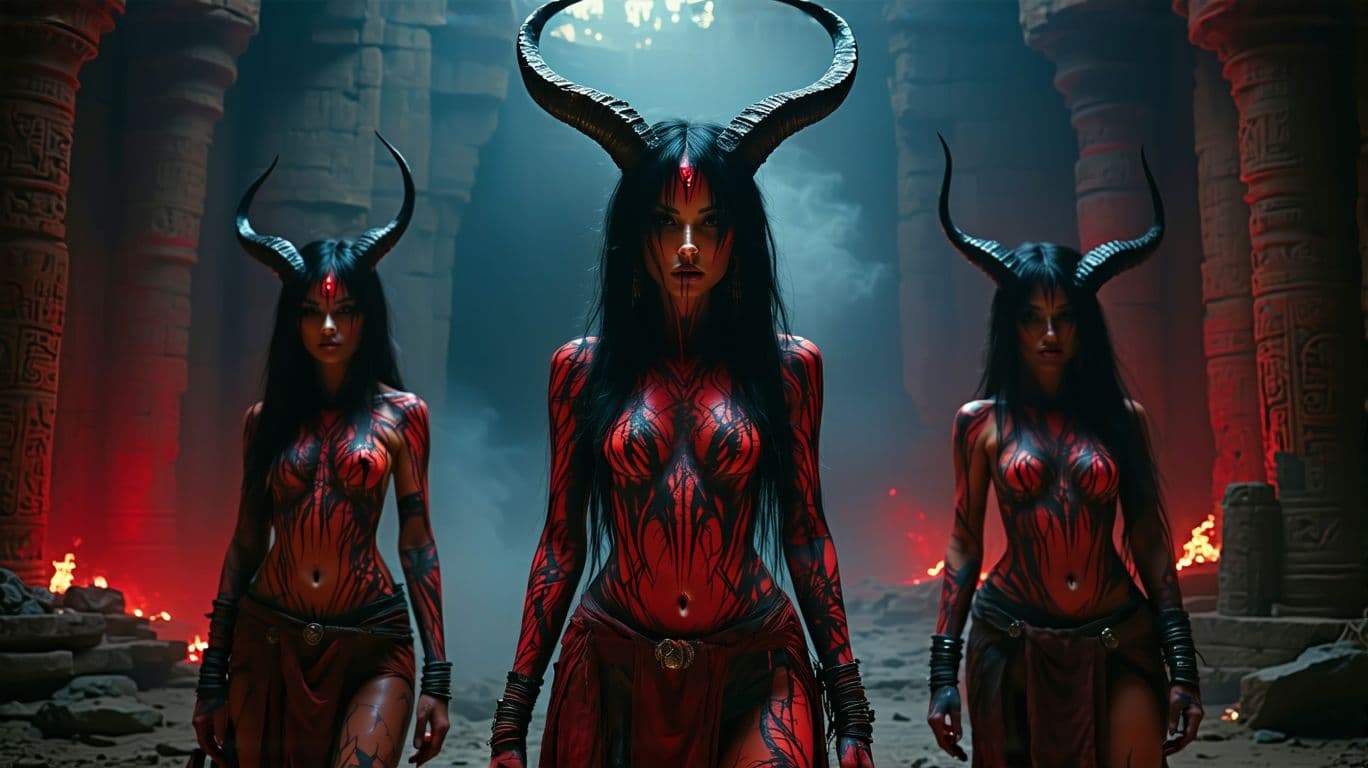 AI generated: Hyper realistic, eye level, hig, Photo Rock music concert.  cinematic photo of three female demon ch...