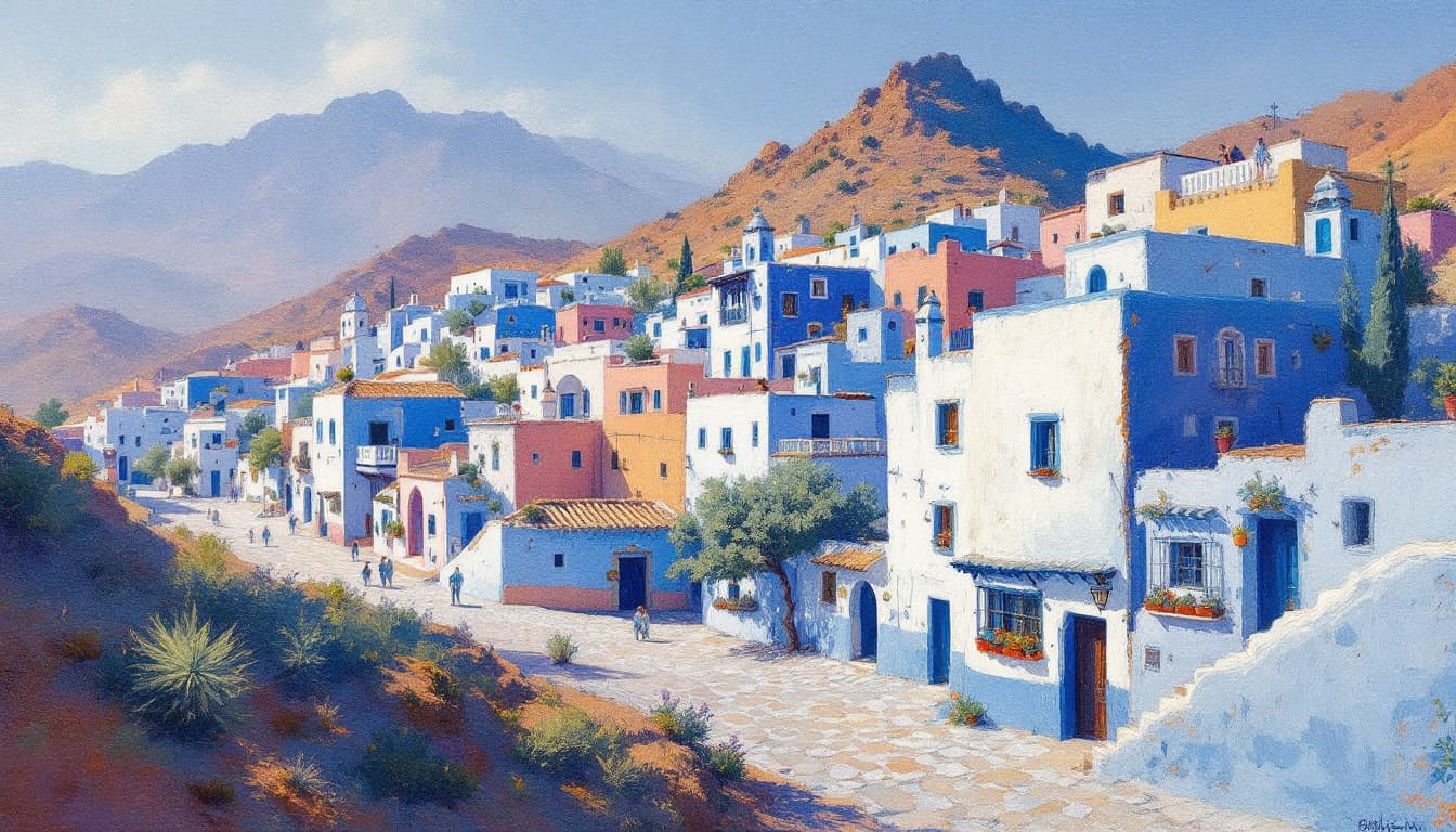 AI generated: Peinture impressionniste de la ville marocaine Chefchaouen : Le trésor bleu du Rif, huile sur toile,...
