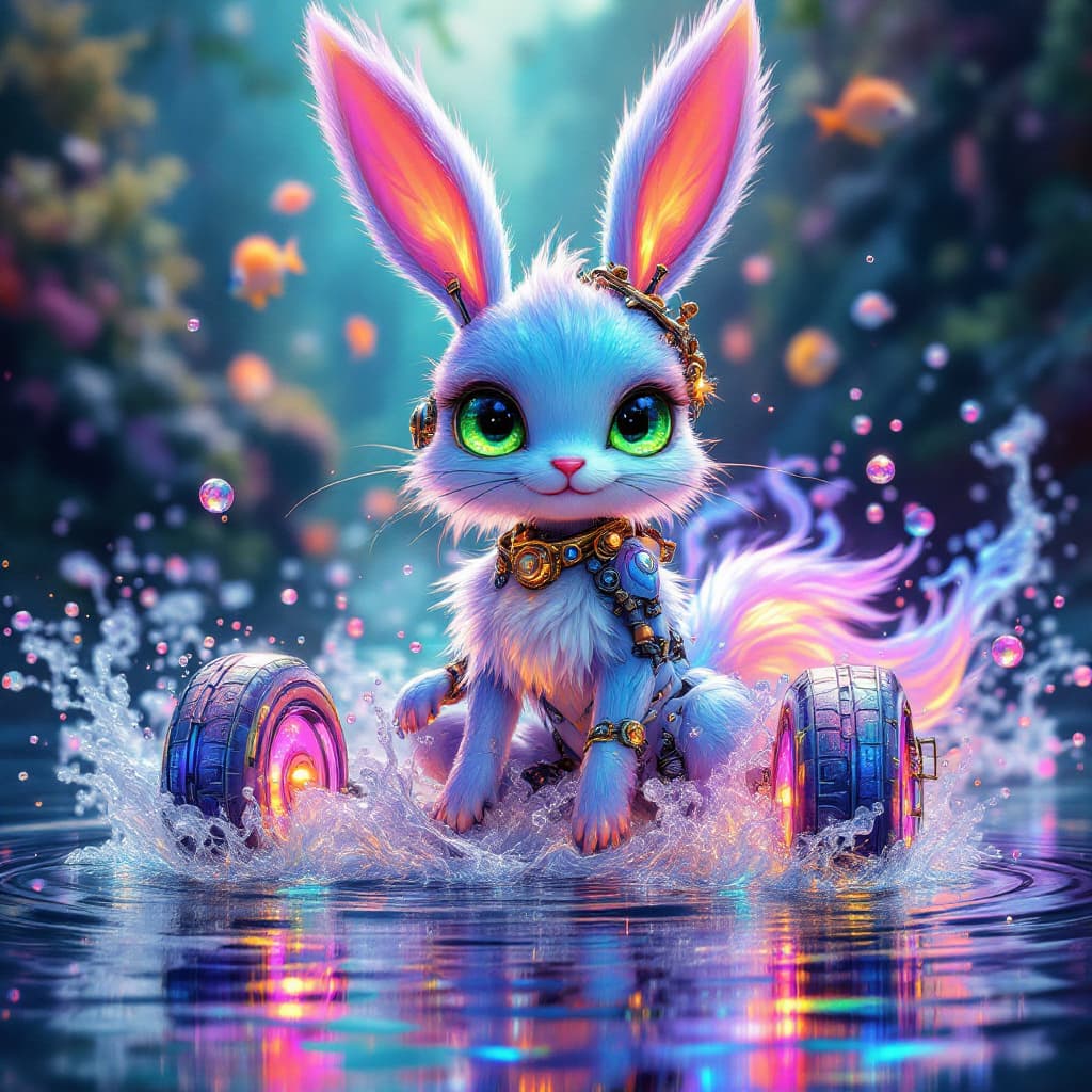 AI generated:  "Steampunk Spectralis Mechina",  featuring a cute adorable sassy, happy smile playful anime cartoon...