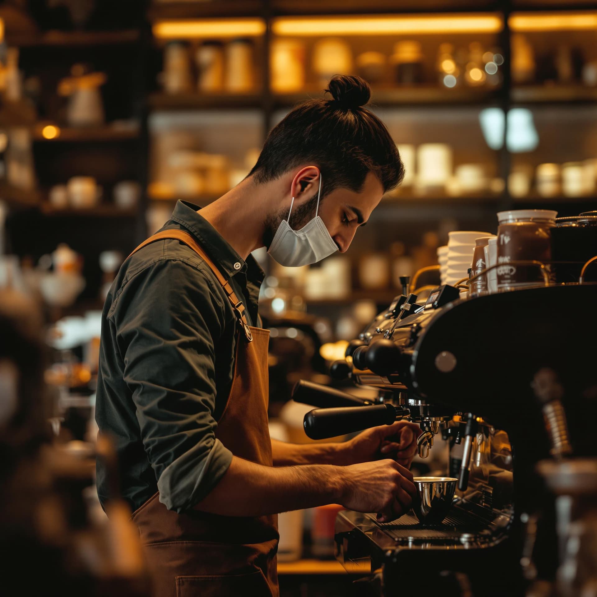 AI generated: This image captures a concentrated man operating a professional espresso machine, indicative of a ba...