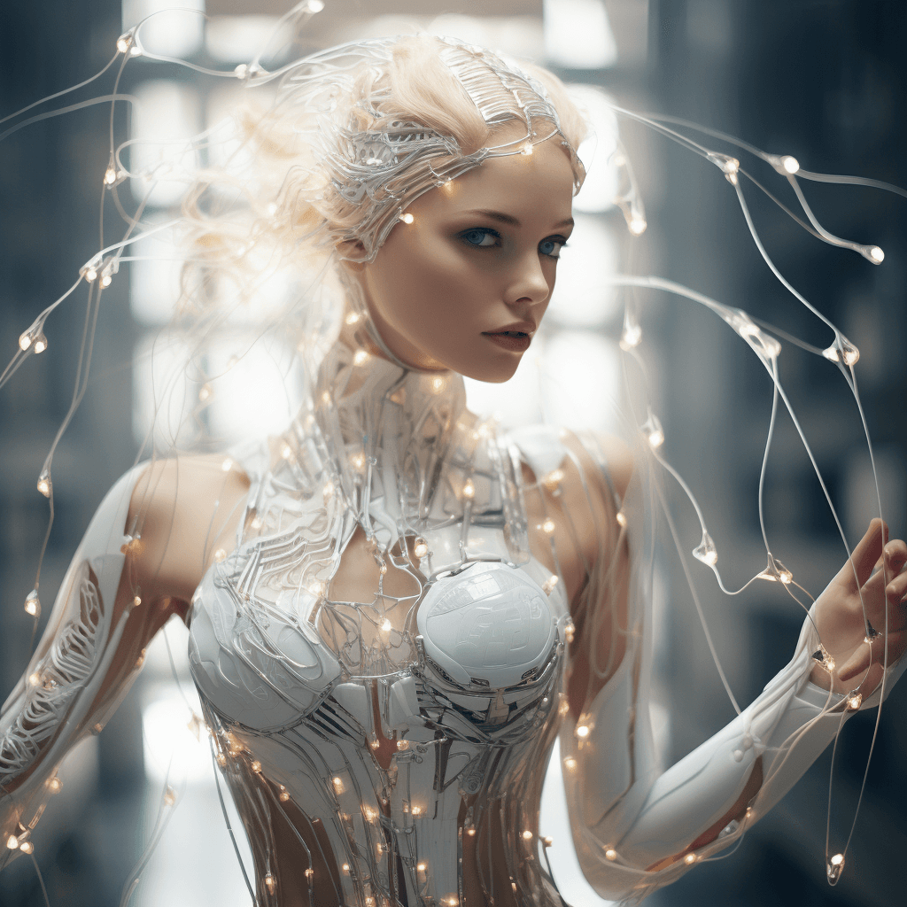 AI generated: futuristic world where the transparent, electric robot girl with visible wires and electronics is pr...