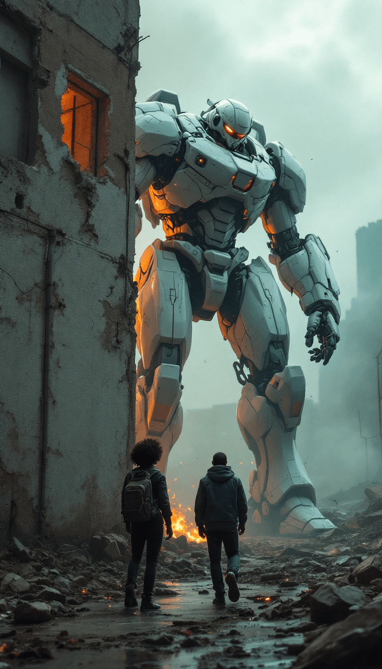 AI generated: Dystopian setting, Cinematic, 4k, massive white and red mecha robot emerging from behind a crumbling...