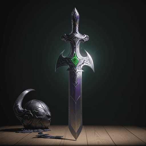 AI generated: sword on the table with the design and character of thanos The sword is gold and grey dark, no water...