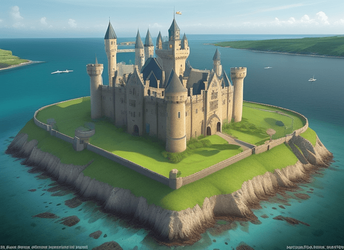 AI generated: ((A R T)) word, castle, pasture landscape, sea, mix background, setting top view, word (Infectious ...