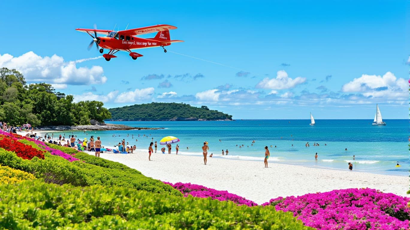 AI generated: oramic photograph of a vibrant morning at a beach with an island in the foreground, a blue sky dotte...