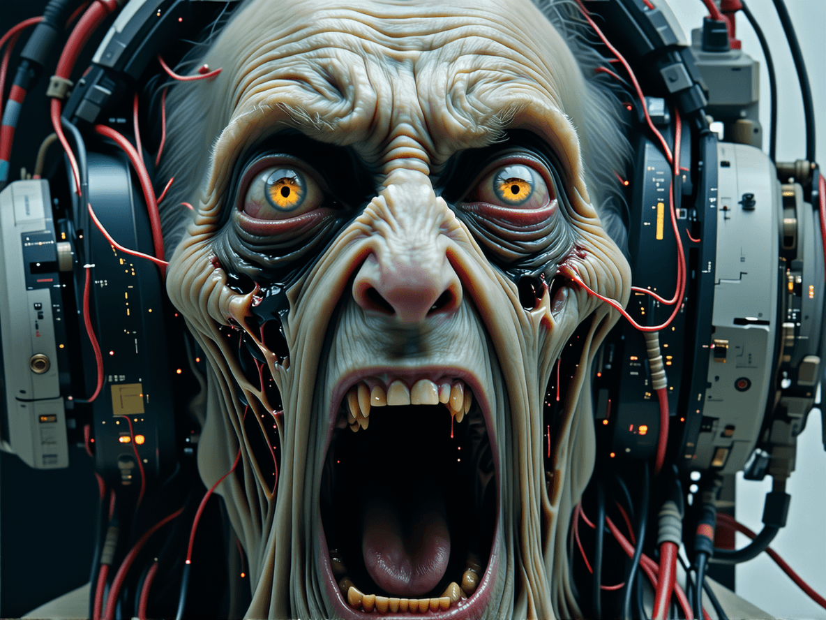 AI generated: In the distant future we see a grey old face, deep scars, a wizened body, deep wounds, wires, monito...