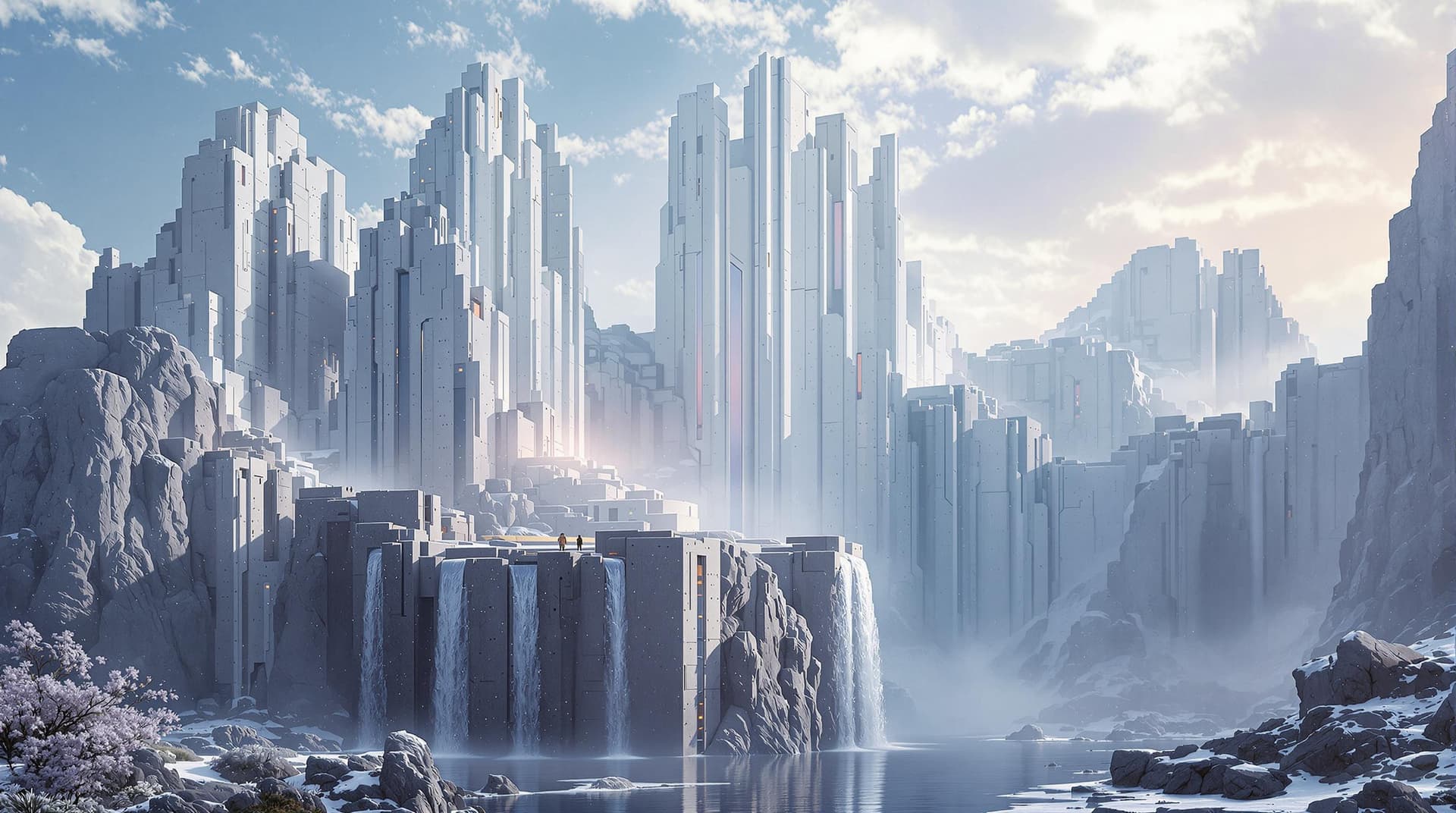 AI generated:   sci-fi futurist man made giant  minimalism architectural single waterfall