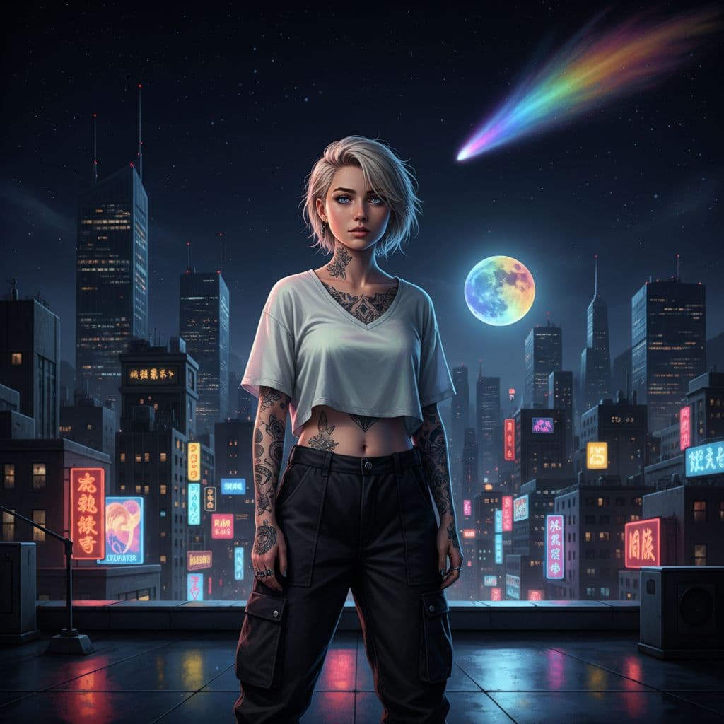 AI generated: In this photograph, a young woman stands confidently on a rooftop at night, surrounded by the vibran...