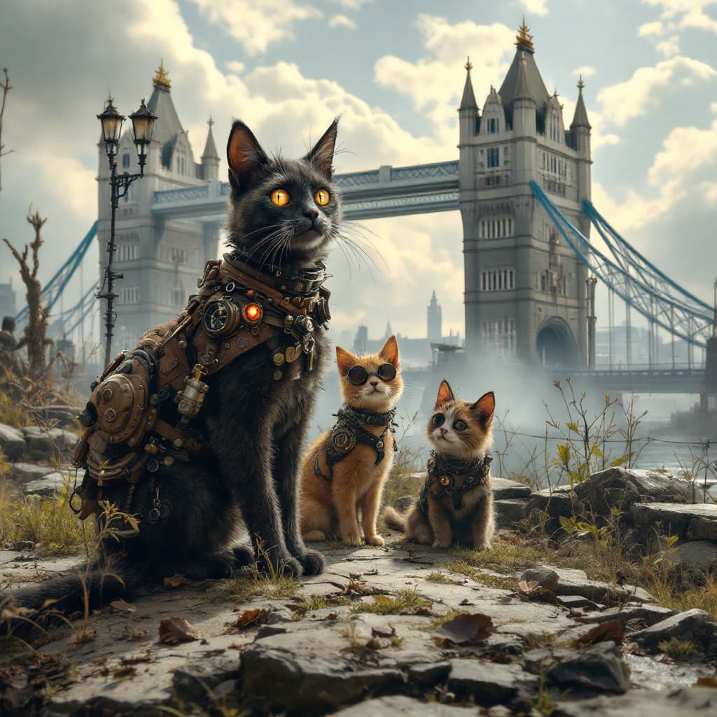 AI generated: The post apocalyptic nation of cats and little dogs, steampunk style, Tower Bridge in the back,