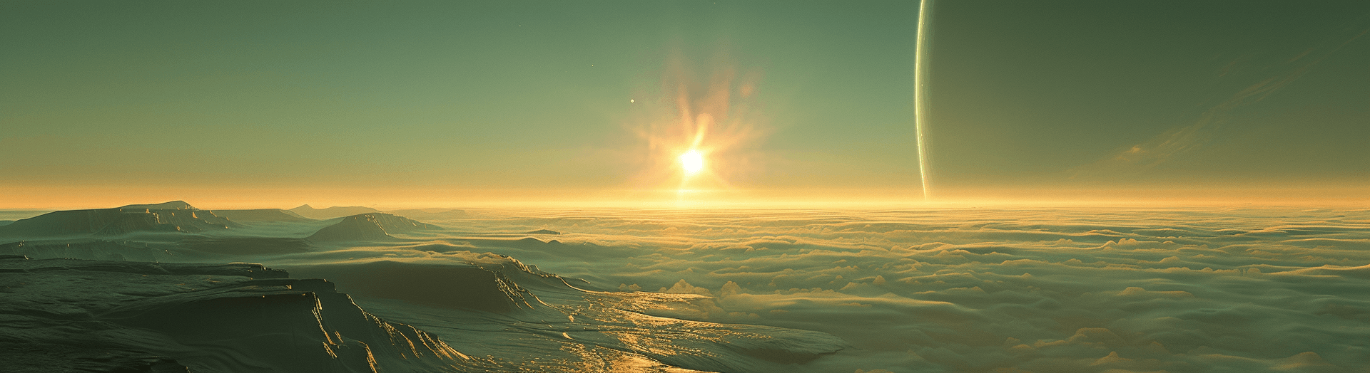 AI generated: A panoramic view of the surface of an alien planet, a gas giant with two moons in the sky. The sun i...