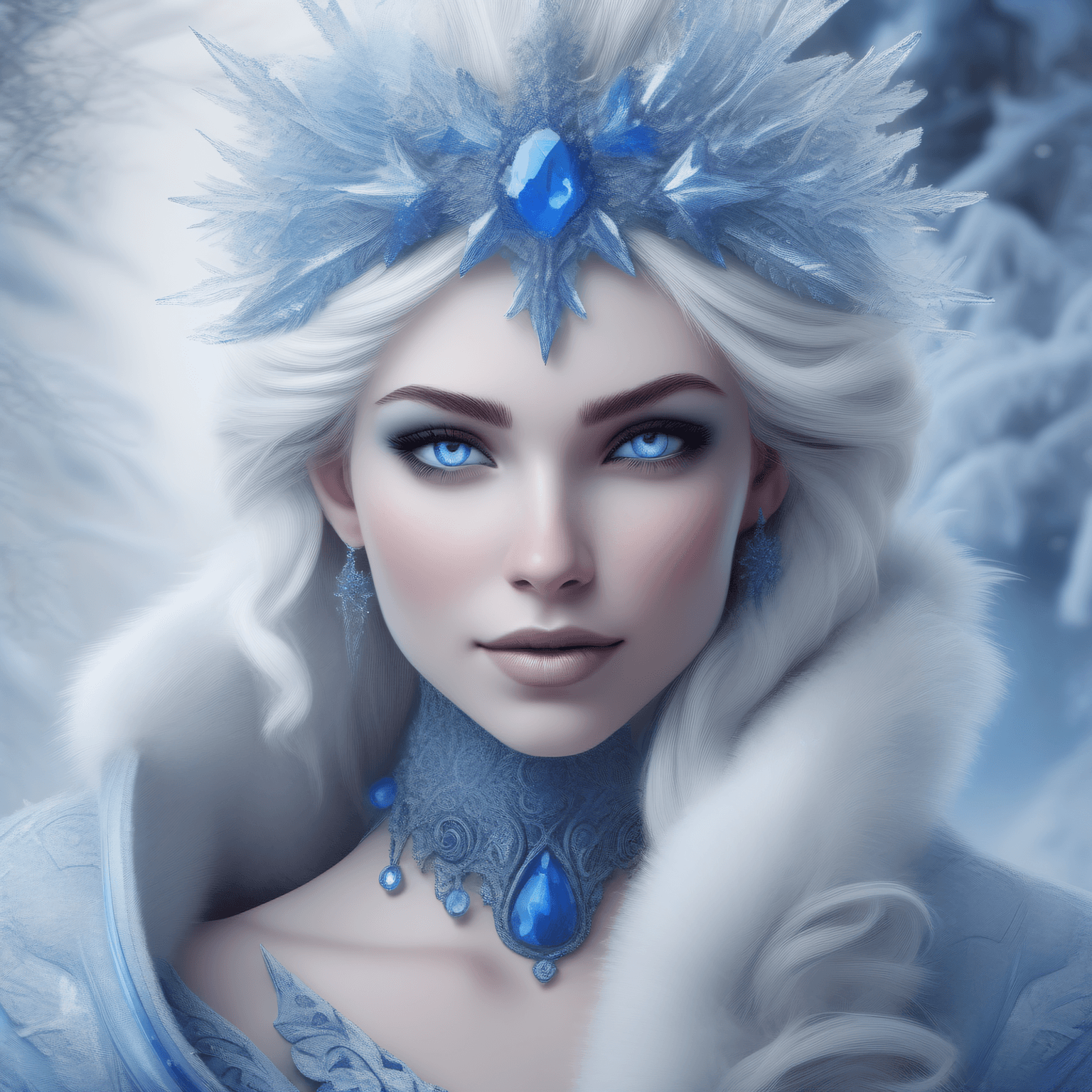 AI generated: Snow queen, ice elemental, deep blue pelt covered in frost, bashful hypnotic sapphire blue eyes, cal...