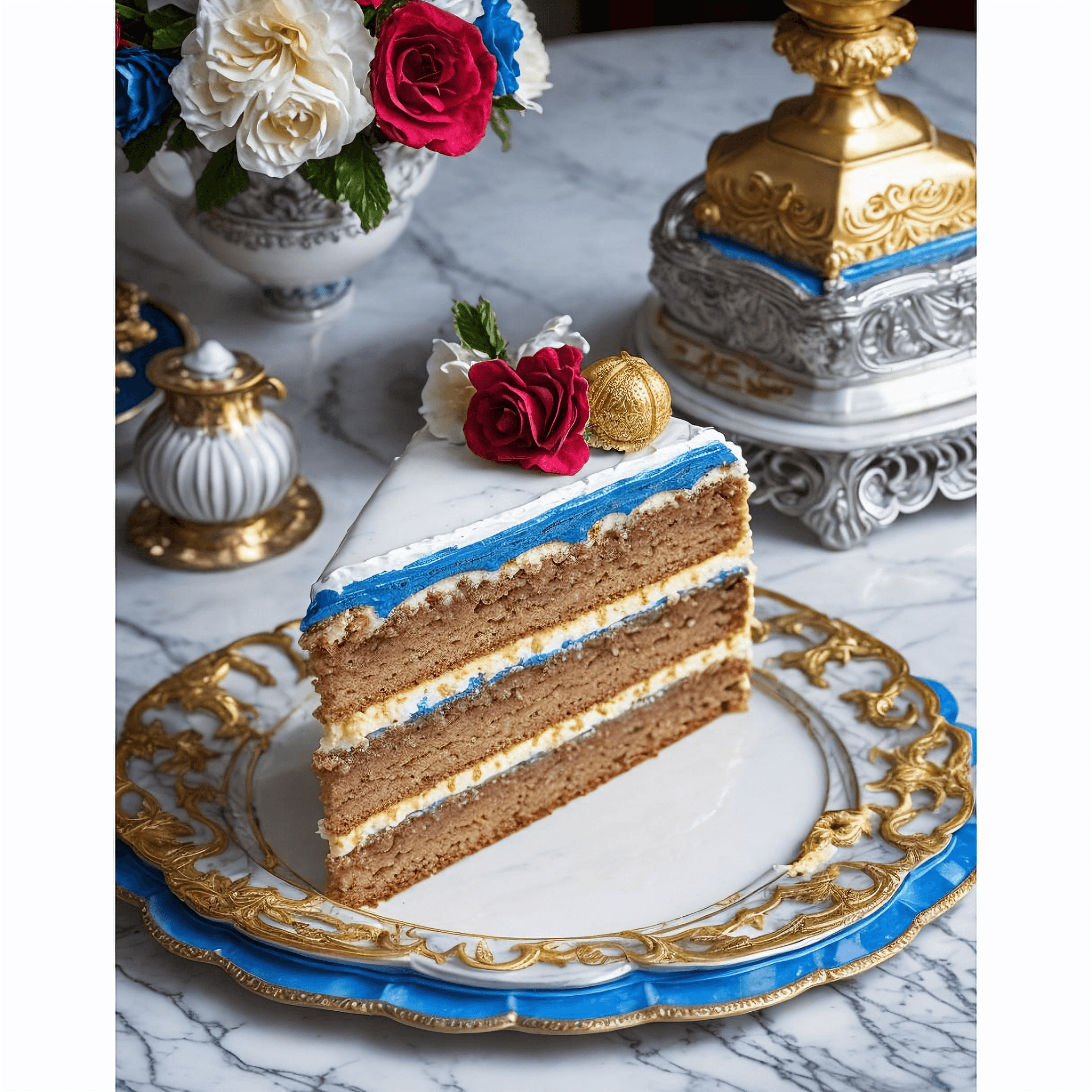 AI generated: delicious slice of Victorian cake with Victorian decorations, vibrant colors: white, blue, gold, sil...
