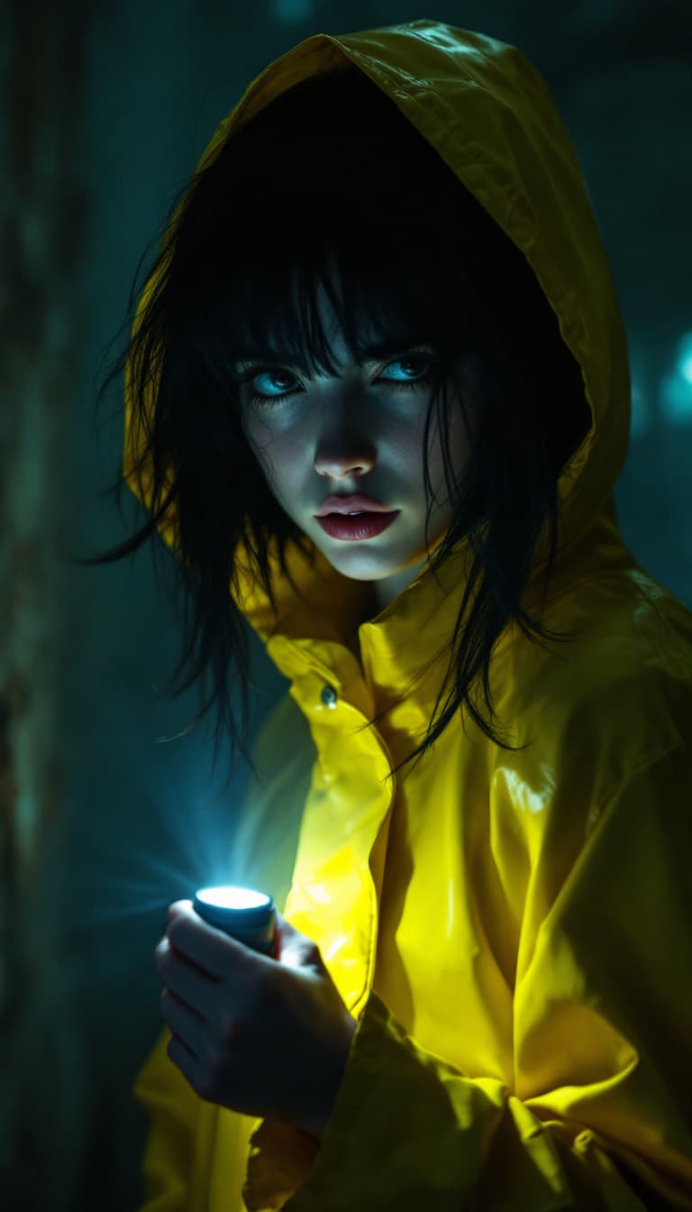 AI generated: full body view of a mysterious 18 year old woman, with messy black hair cut into a bob and long bang...