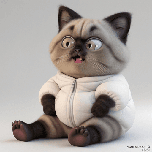 AI generated: Pixar animation style: fat cute fluffy Siamese cat with a belly, wearing a Chinese Northeast flower ...