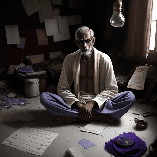 AI generated: A sad, 30 years old thin Indian man in worn traditional attire sitting on the floor in a dimly lit, ...
