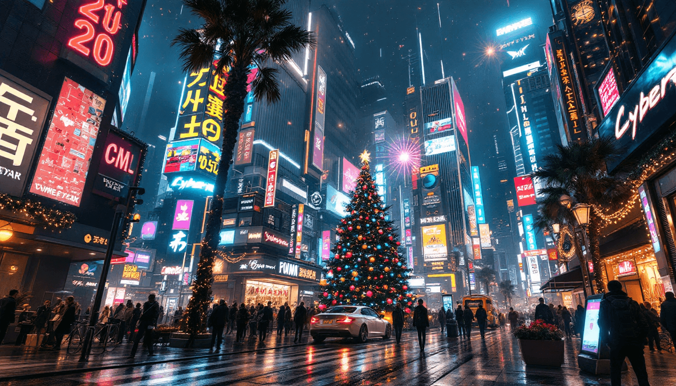 AI generated: Cyberpunk city decorated for the New Year