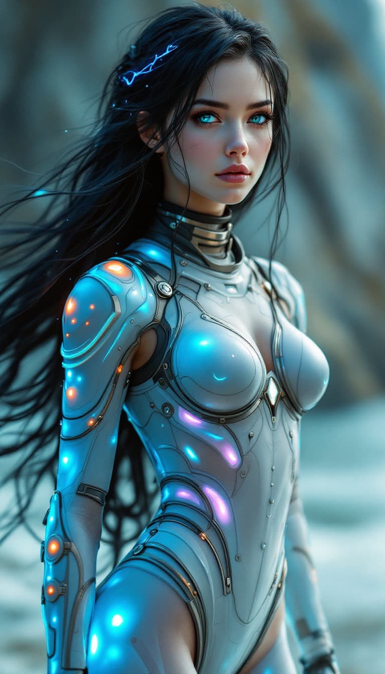 AI generated: An ultra-realistic, full-body portrait of a captivating bio-luminescent deep-sea explorer woman, her...