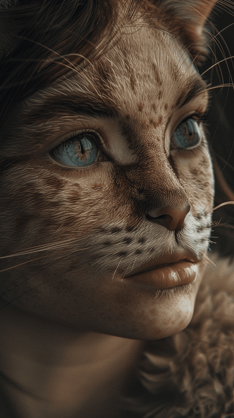 AI generated: beautiful woman with slight cat-like features, cat skin, cat jaw, cat nose --ar 9:16