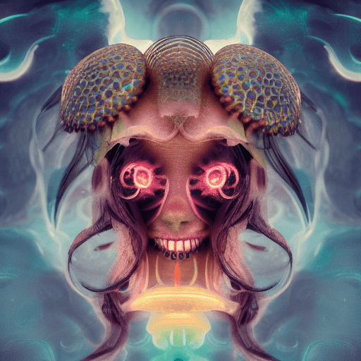 AI generated: Goddess close-up portrait ribcagel. jellyfish phoenix head, nautilus, orchid, skull, betta fish, bio...