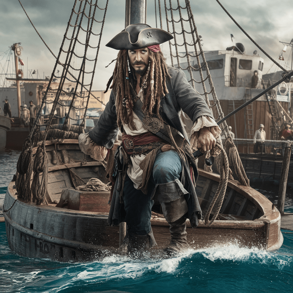 AI generated: "Depict the iconic opening scene of Jack Sparrow's dramatic entrance from Pirates of the Caribbean. ...
