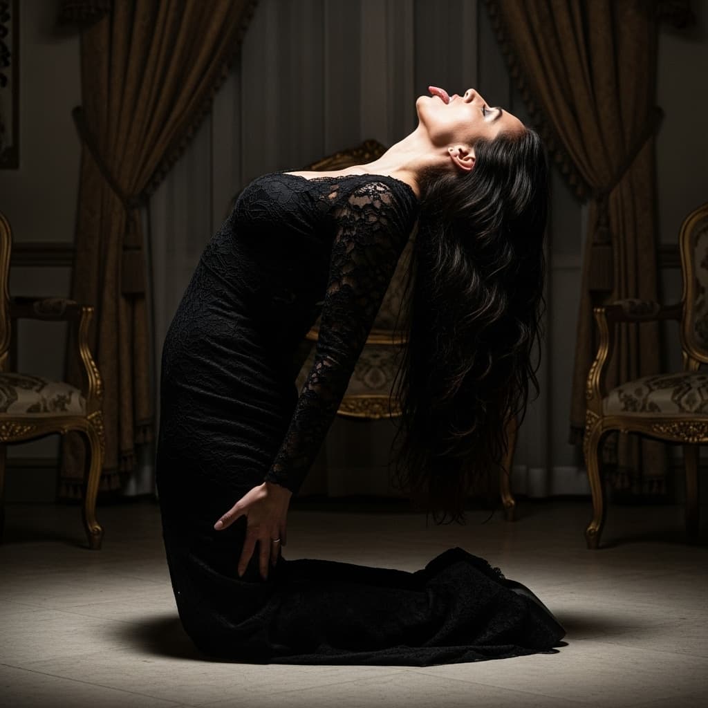 AI generated: On her knees back arched as much as possible tongue out