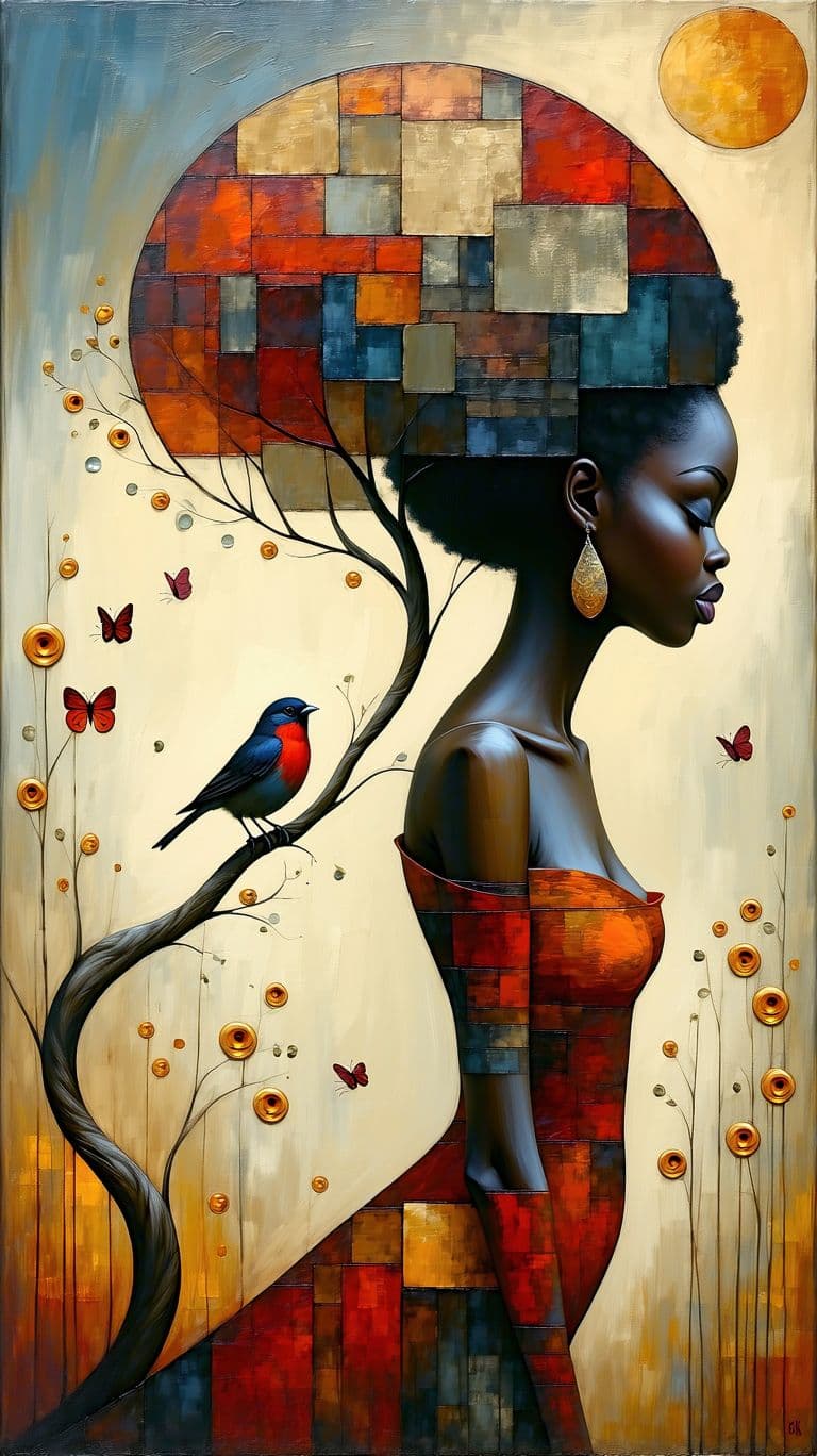 AI generated: art-by-catrin-welz-black-woman--stein-susan-a-black-woman-with-her-cute-adorable-love-birds-tree-mut...