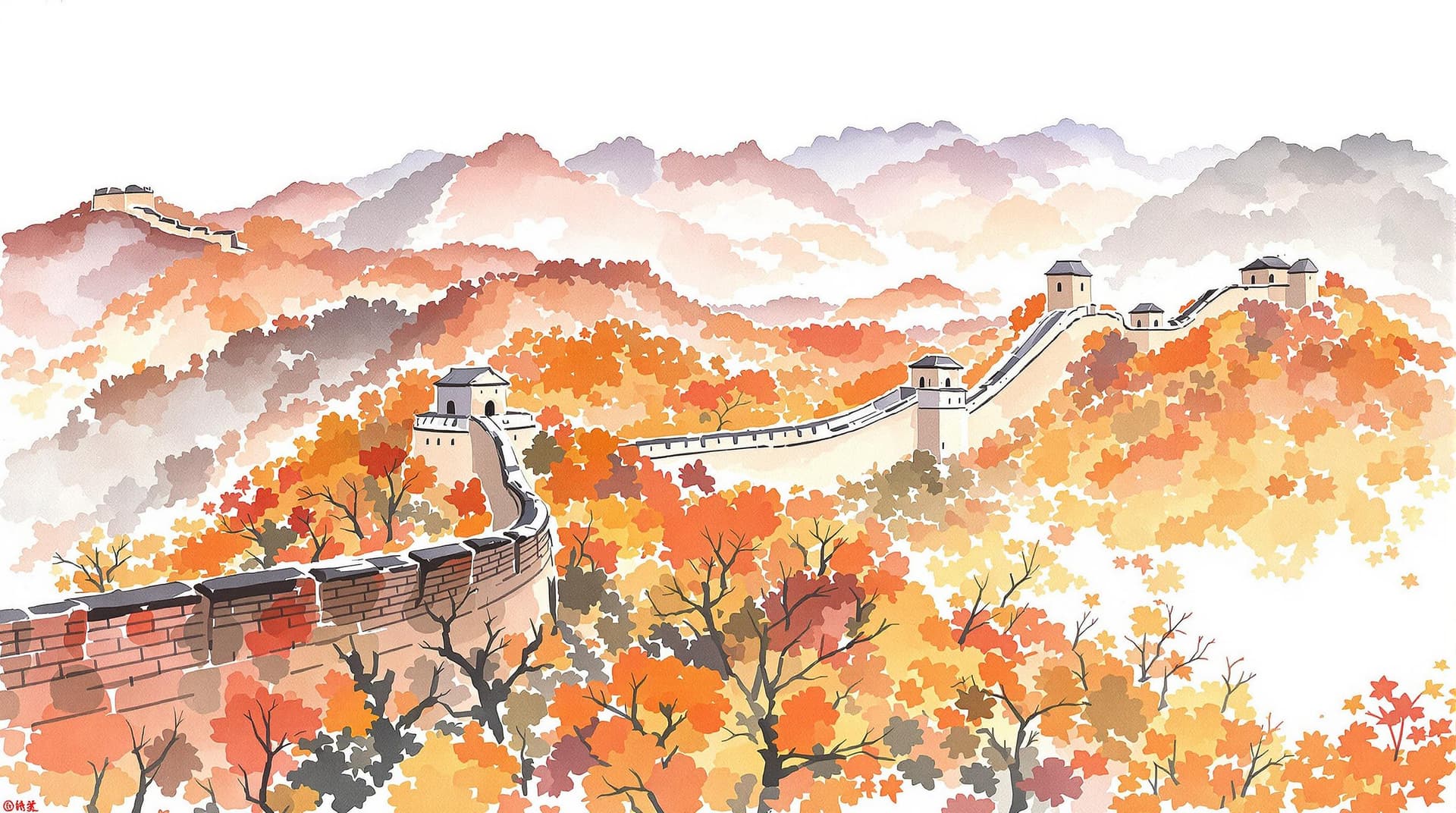 AI generated: watercolor painting of the Great Wall in autumn, in the style of a Chinese ink painting, with an ora...