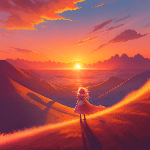 AI generated: Detailed illustration, protagonist, sunrise, vibrant colors, journey, hidden wonders, magical land, ...