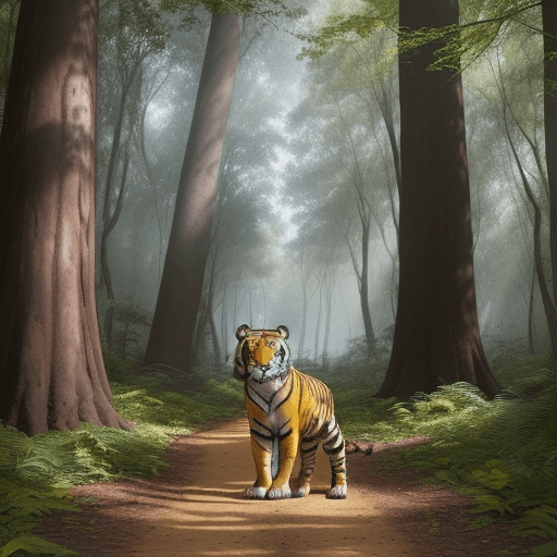 AI generated: A tiger with yellow and black stripes stands in the middle of a path in a forest. It has blue eyes a...