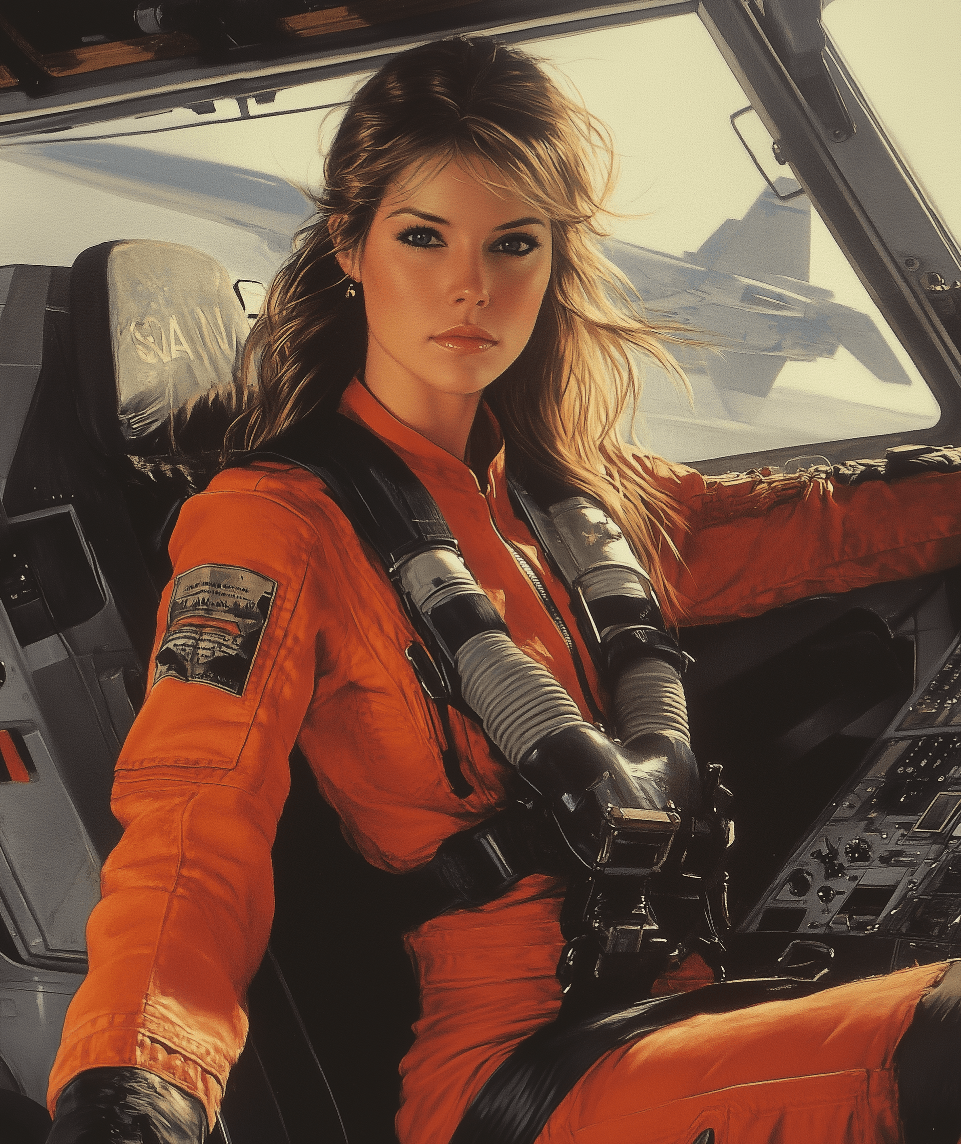 AI generated:  female pilot in the cockpit of her spacecraft, illustrated in the style of John Berkey and Michael ...