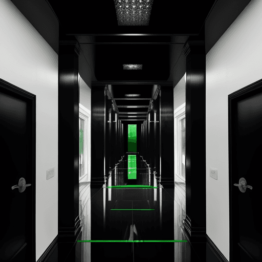 AI generated: a bank corridor with two black doors on the right and 1 black door on the left , ending up with a gl...