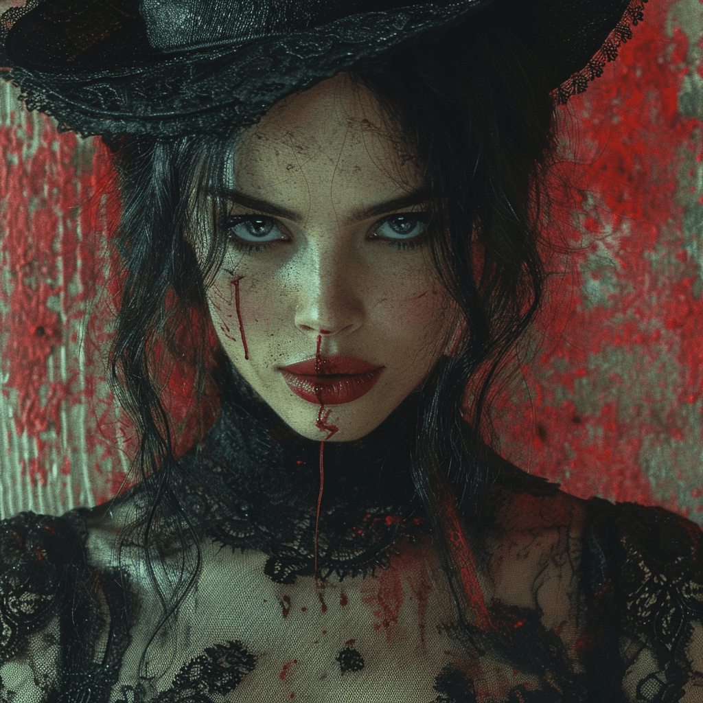 AI generated: Eva green 1800s as jack the ripper seductive, In the style of john carpenter, bloody backdrop