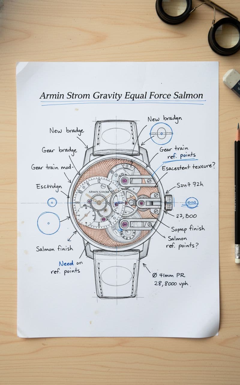 AI generated: Design prozess Computer Ausduck einer Uhr. Von Hand wurde Text auf das Papier geschieben: Armin Stro...