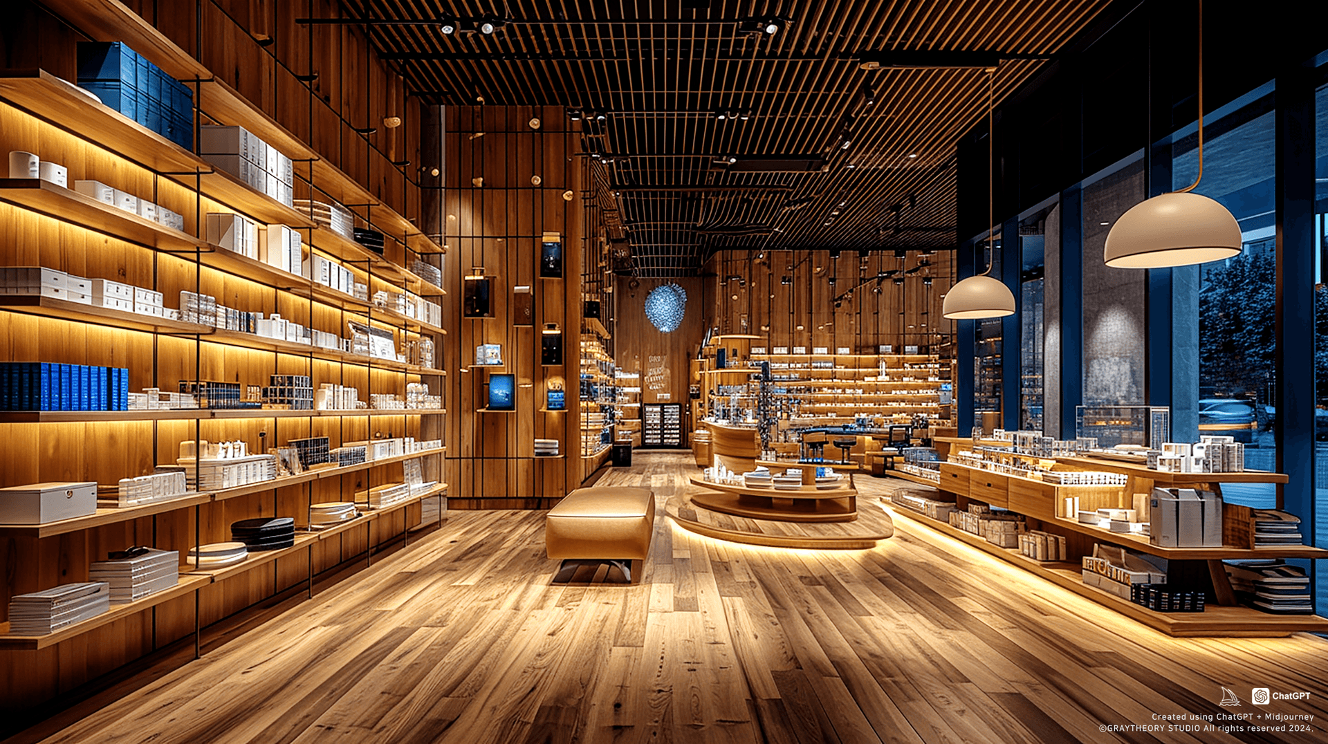 AI generated: retail shop with a wide angle, Vitra shelves, Louis Poulsen PH5 pendant lamps, Sony A7R IV, 24mm f/1...