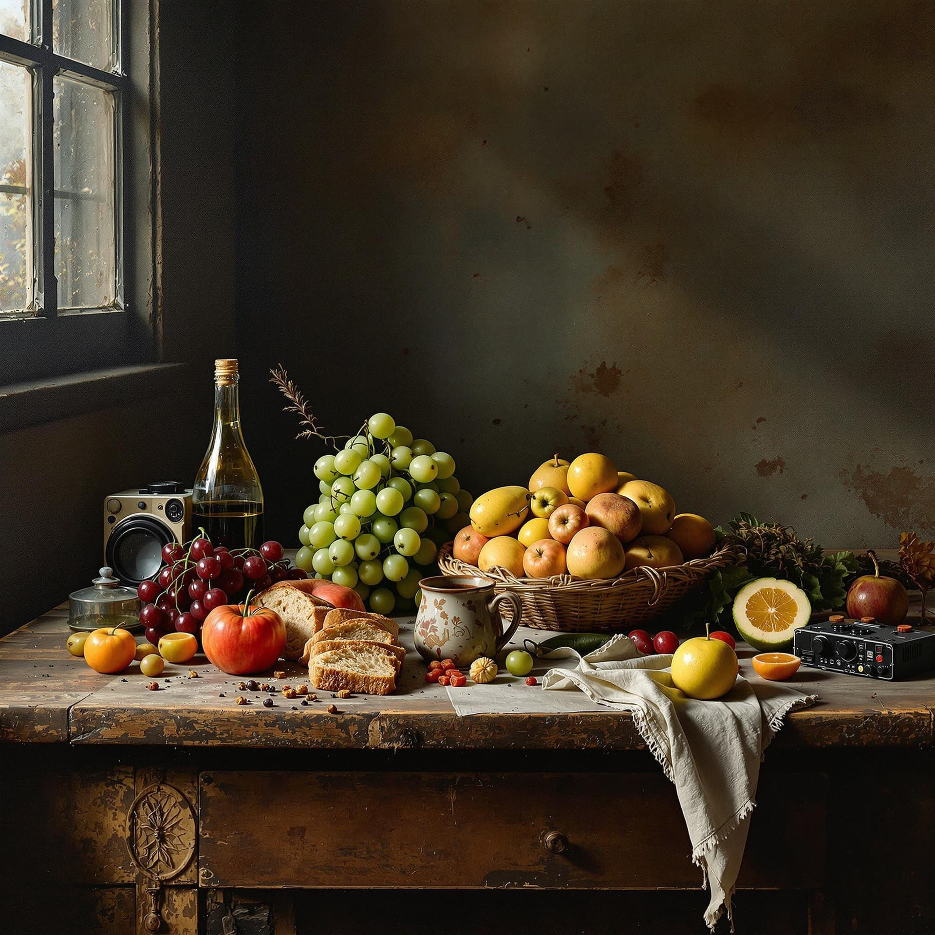 AI generated: A still live some large fruit and bread an empty wine bottle and some electronic computer components...